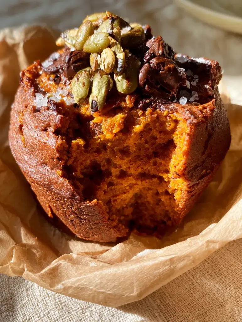 Close up of the roasted green pepitas and flaky sea salt topping on paleo pumpkin protein muffins.