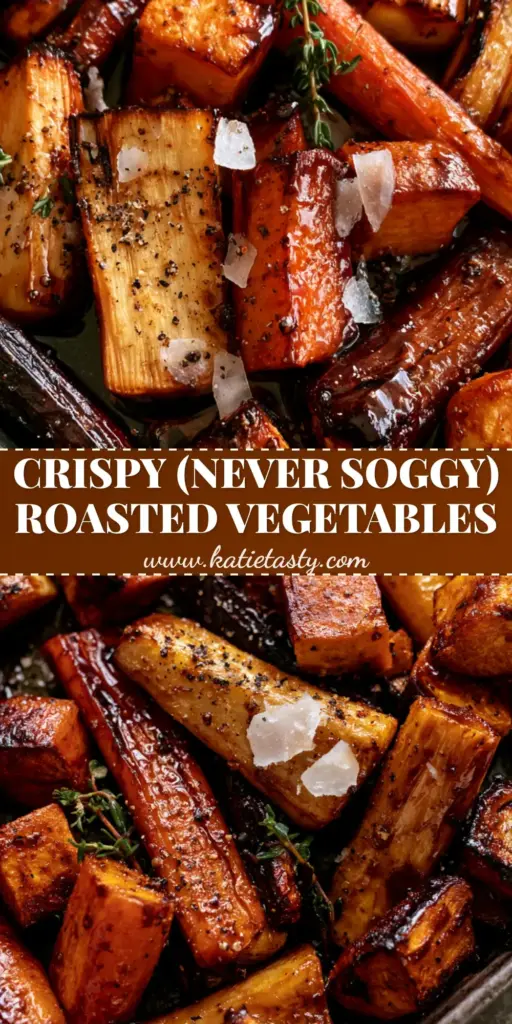 An overhead view of a rustic metal sheet pan featuring a root vegetable bake with caramelized heirloom carrots, parsnips, and sweet potatoes in a glossy balsamic glaze.