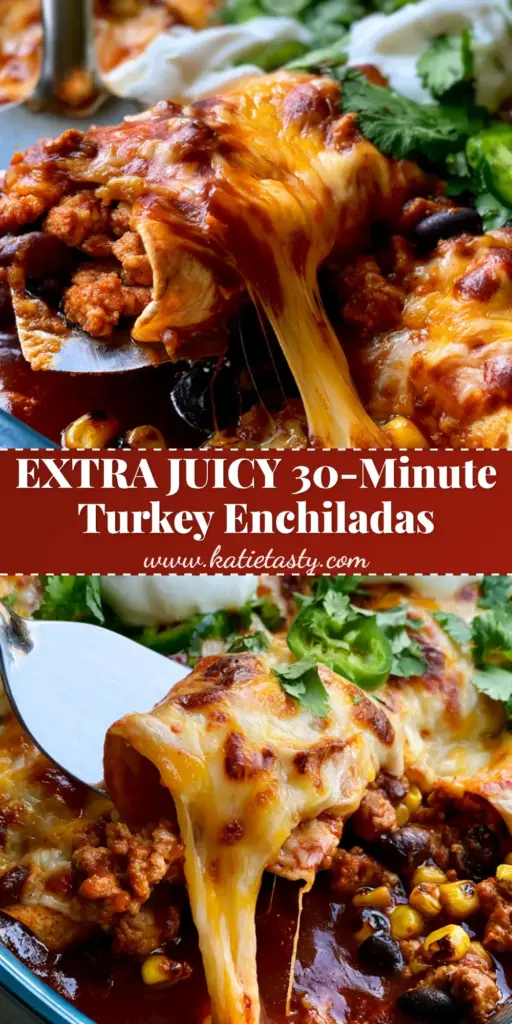 A spatula lifting a cheesy turkey enchilada from a blue dish, showing a long cheese pull and thick red guajillo sauce.