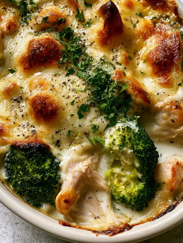 Leftover Turkey Broccoli Casserole: The Ultimate Cheesy Bake 1 Close up of creamy turkey and broccoli casserole with bubbly sharp cheddar and fresh parsley garnish.