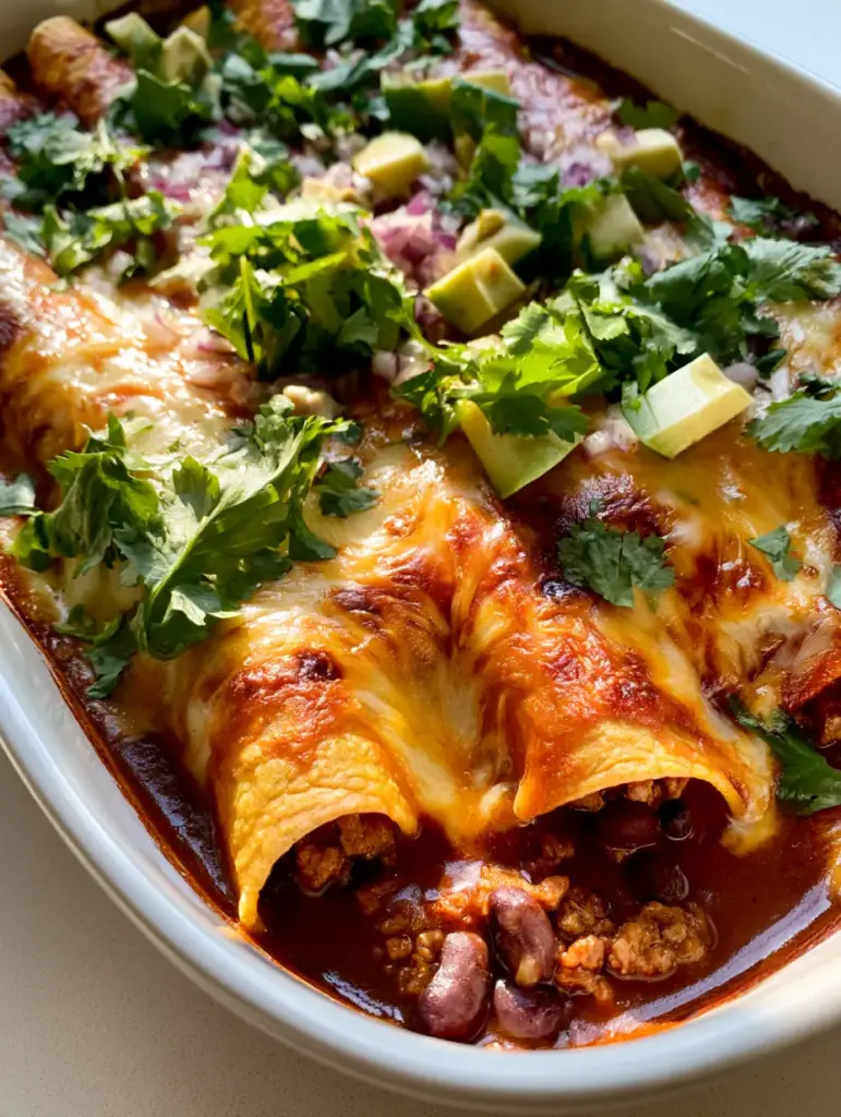 Detailed close-up of melted cheese with toasted golden brown spots on top of turkey enchiladas.
