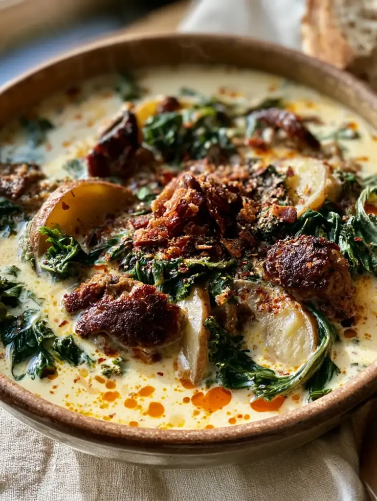 Zuppa Toscana soup recipe: The Ultimate Creamy Italian Classic 1 Close-up of seared Italian sausage crumbles and velvety cream broth in a Zuppa Toscana soup recipe.