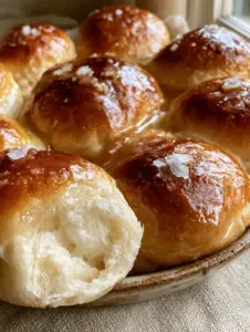Golden-brown dinner rolls brushed with honey butter in a rustic baking dish with warm natural lighting.