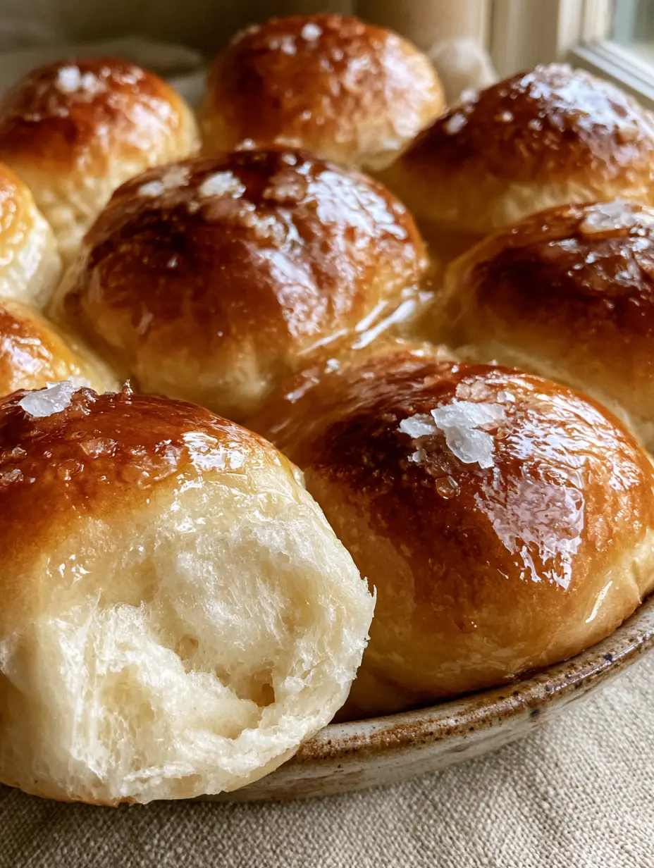 Golden-brown dinner rolls brushed with honey butter in a rustic baking dish with warm natural lighting.