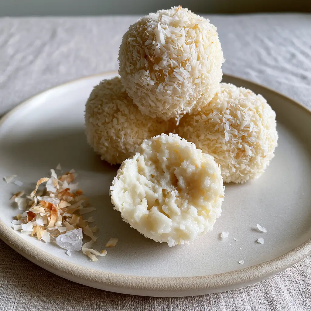 Macro photography of no-bake coconut balls on a minimalist plate with a broken ball revealing a moist interior. (no-bake coconut balls)
