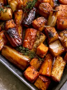 Close-up of roasted carrots and parsnips in a root vegetable bake showing deep caramelization and fresh thyme sprigs.