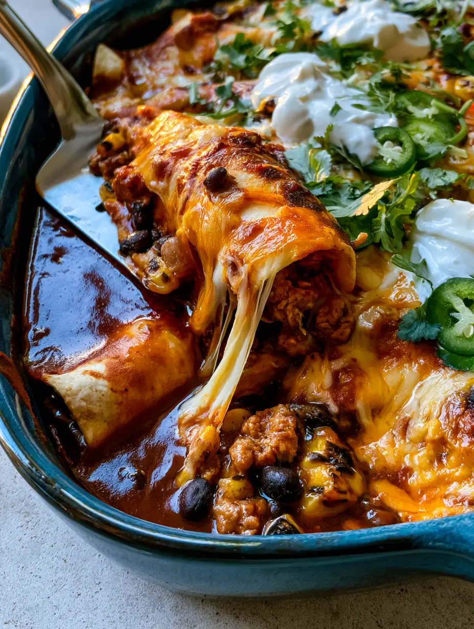 Close-up of turkey enchiladas in a blue ceramic dish with melted Monterey Jack, cilantro, and serrano peppers.
