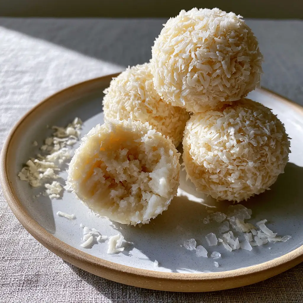 no-bake coconut balls: Easy 3-Ingredient Snowball Treats 1 Three-ingredient coconut balls stacked on a linen tablecloth with natural morning lighting.