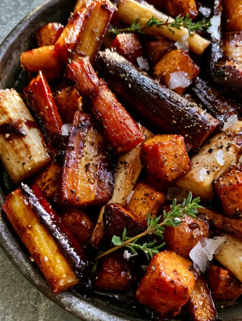 Slightly angled view of honey balsamic roasted root vegetables on a dark metal sheet pan with sea salt flakes.