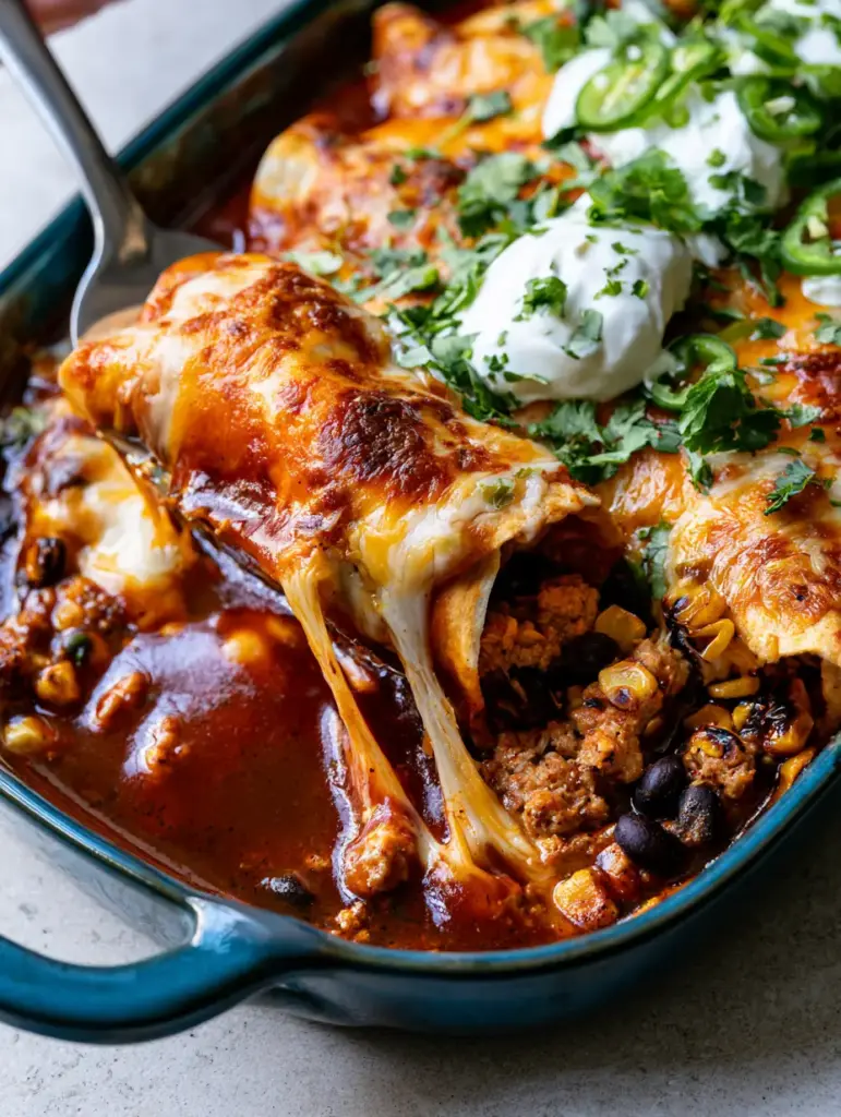 Detailed texture of ground turkey, black beans, and charred corn inside a saucy tortilla.