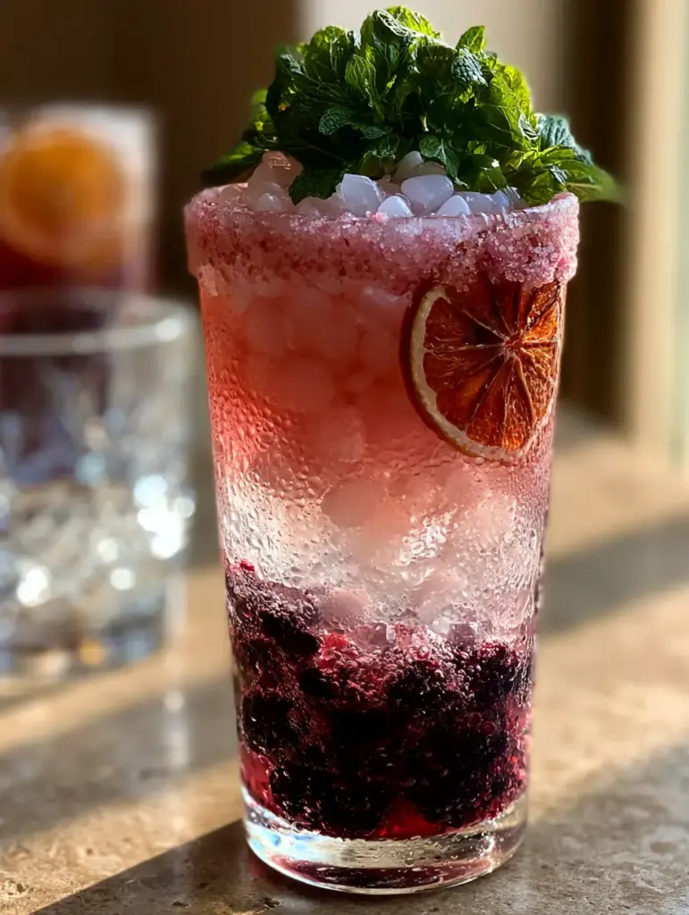 A collection of crystal glassware with the primary highball glass showing fuchsia liquid and sparkling water bubbles (drink recipes).