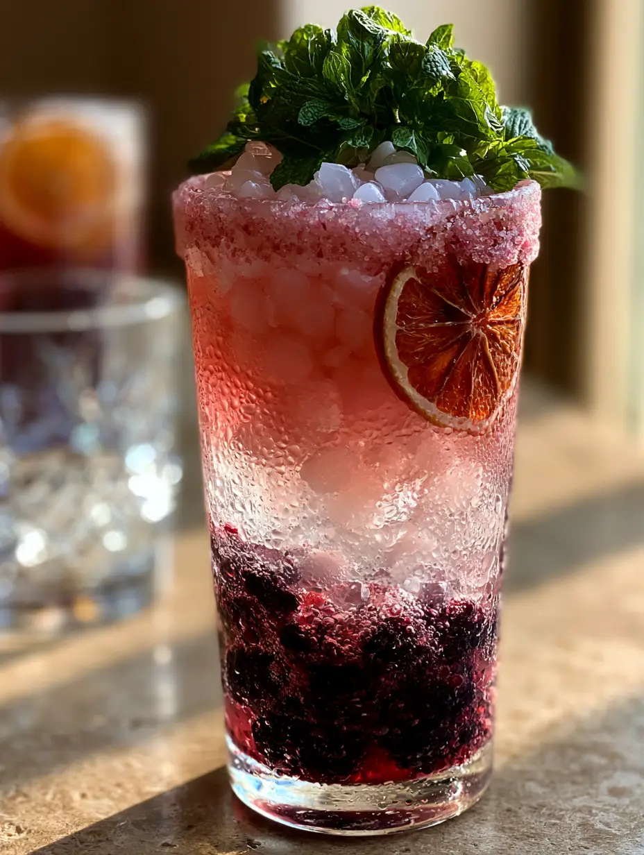 Drink Recipes: Sparkling Blackberry and Blood Orange Refresher 3 A collection of crystal glassware with the primary highball glass showing fuchsia liquid and sparkling water bubbles (drink recipes).