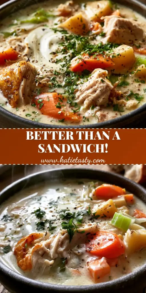 A steaming bowl of thick creamy turkey soup with pulled roasted turkey chunks, carrots, and potatoes in a dark bowl. (leftover turkey recipes)