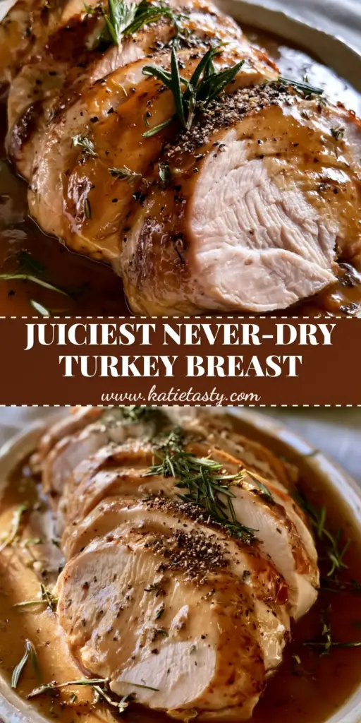 A close-up of sliced succulent slow cooker turkey breast on a white platter with mahogany gravy and fresh rosemary.