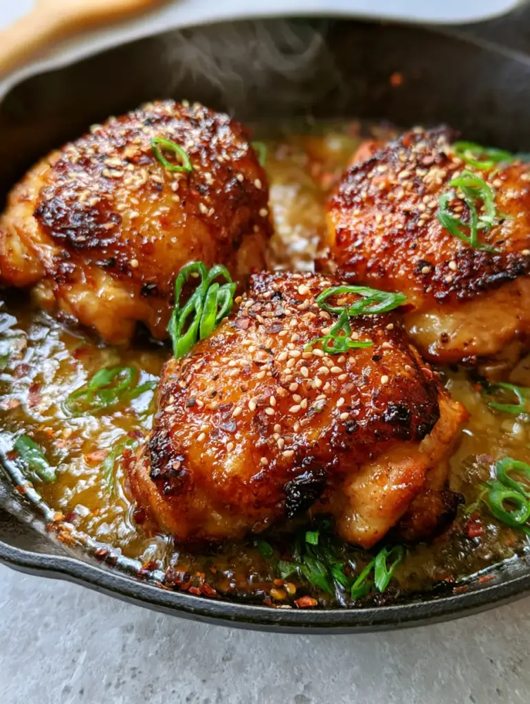 Chicken Thighs with Crispy Honey Garlic Glaze and Toasted Sesame 1 Overhead view of glistening honey garlic chicken thighs in a seasoned skillet with chili flakes and sesame seeds.