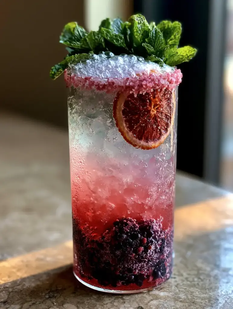 Drink Recipes: Sparkling Blackberry and Blood Orange Refresher 1 Close up of a fuchsia berry drink with pebble ice, dehydrated blood orange, and fresh mint sprigs (drink recipes).