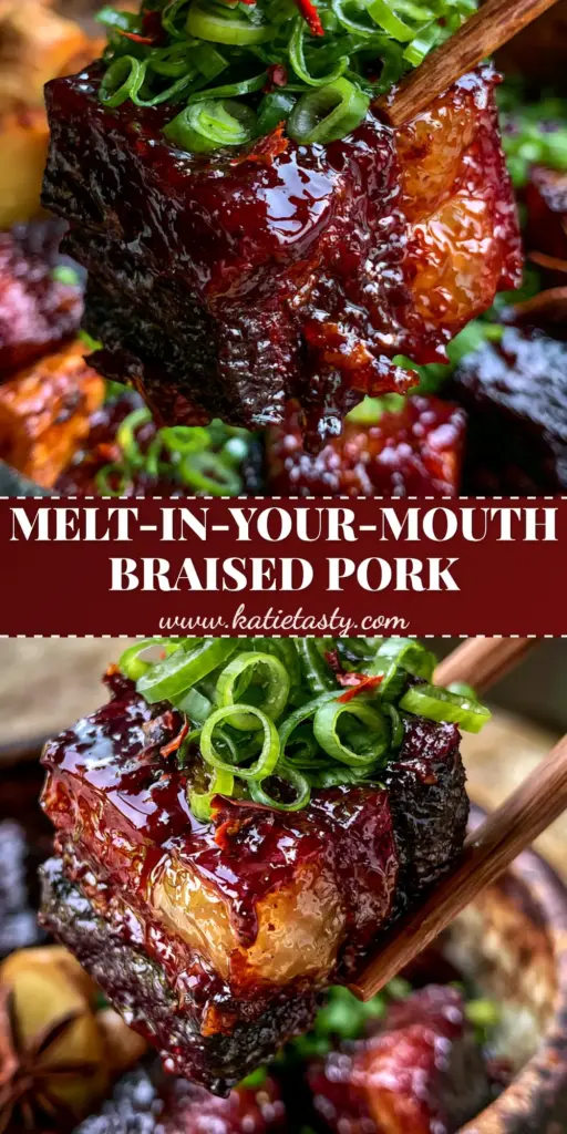 Instant Pot Chinese Braised Pork: The Ultimate Melt-in-Your-Mouth Guide 3 Close-up of Instant Pot Chinese Braised Pork cubes with a sticky mahogany glaze being lifted by wooden chopsticks over jasmine rice.