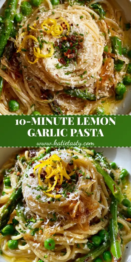 Spring Recipes: Lemon Butter Spaghetti with Charred Asparagus 3 A top-down view of a shallow white bowl featuring a twirl of lemon butter spaghetti with charred asparagus and peas, ideal for spring recipes.
