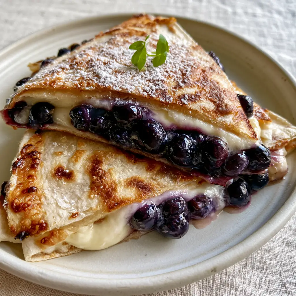 Close-up of a blueberry breakfast quesadilla with golden-brown charred bubbles and vibrant violet juices.