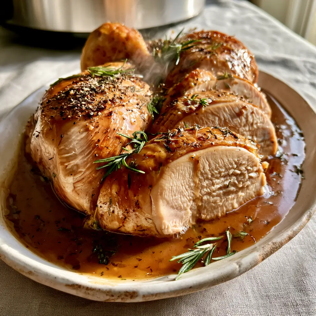 Slow cooker turkey breast partially submerged in a pool of glossy mahogany-brown gravy with cracked pepper.