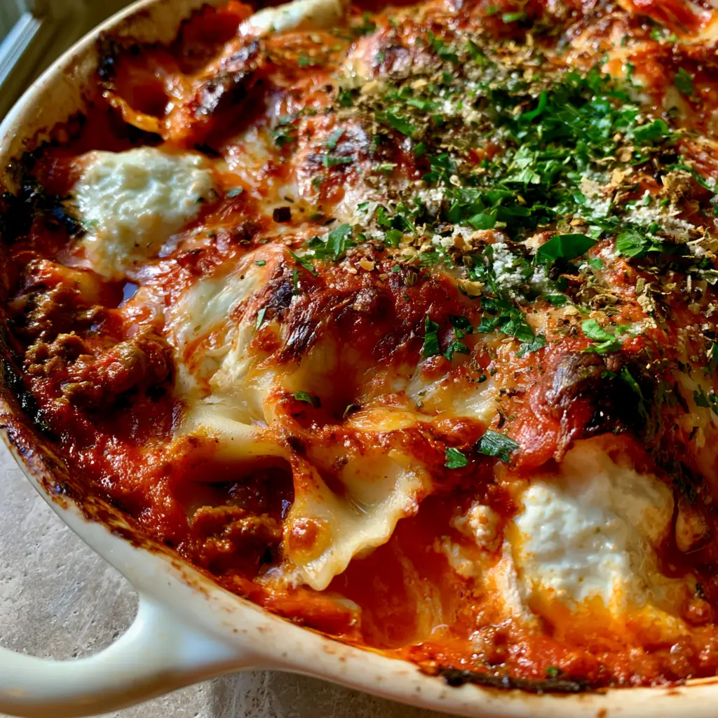 Bow Tie Pasta Lasagna Bake: The Ultimate Cheesy Comfort Food 1 A bubbling Bow Tie Pasta Lasagna Bake garnished with fresh parsley and dried Italian seasoning in a rustic white dish.