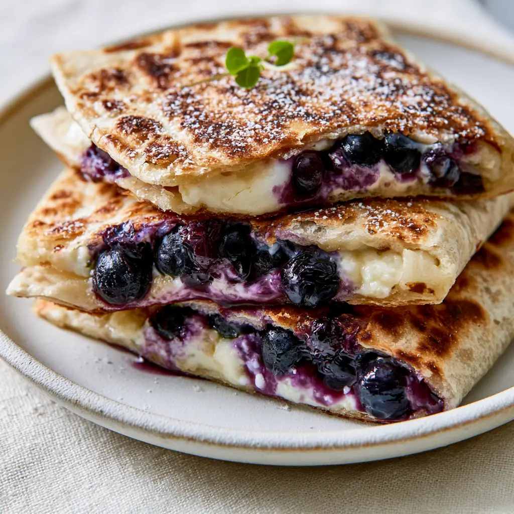 Blueberry Breakfast Quesadilla: The Ultimate Crispy & Creamy Morning Treat 1 Handheld photo of a blueberry breakfast quesadilla sliced and dusted with powdered sugar and mint.