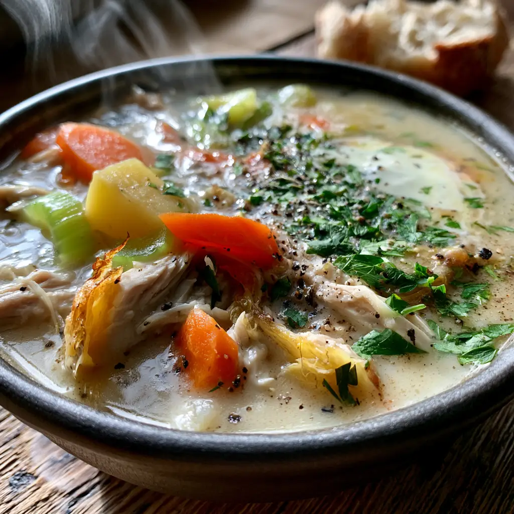 Top view of a creamy turkey soup bowl with a swirl of heavy cream and fresh parsley.