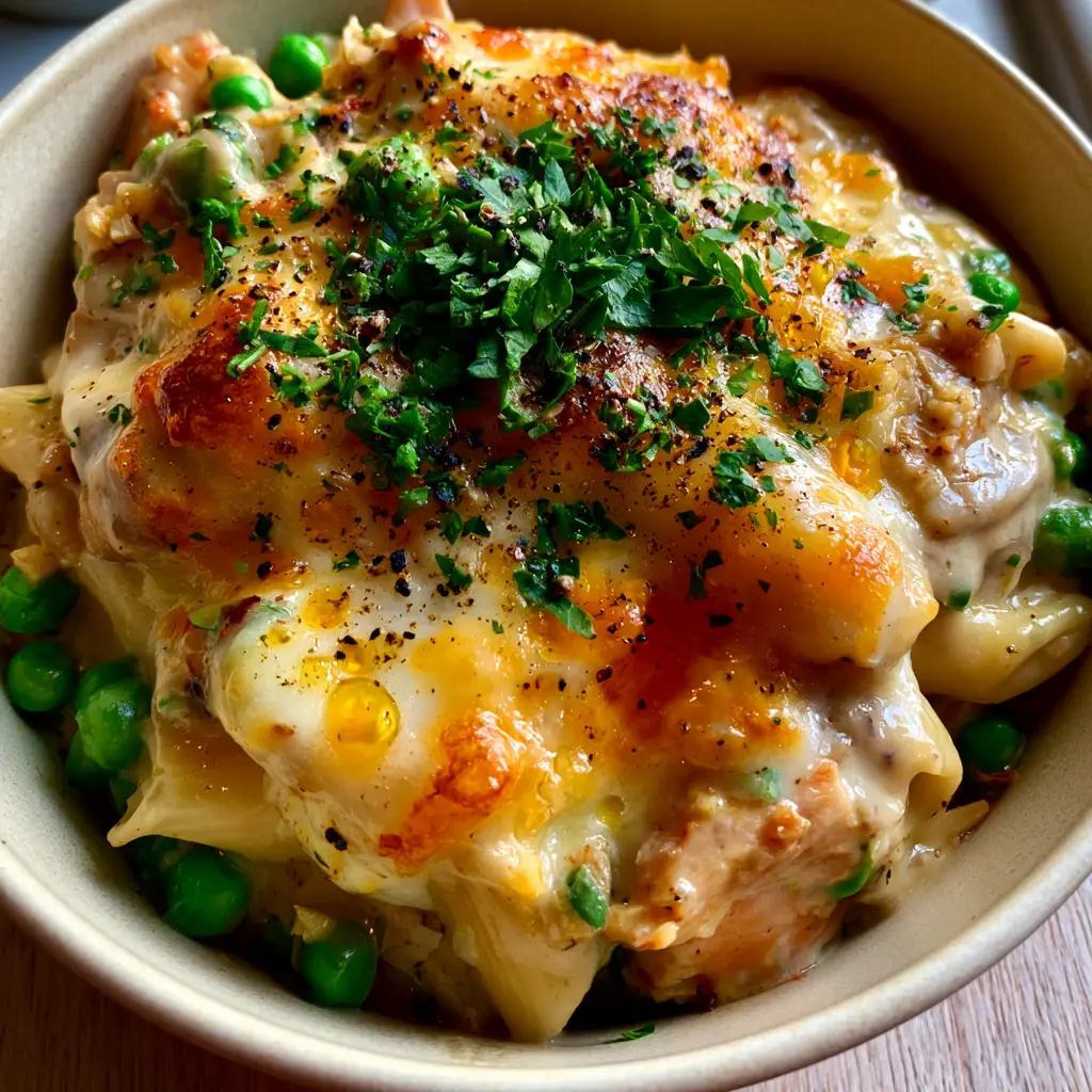 Overhead shot of bubbling mozzarella and cheddar cheese on turkey tetrazzini with fresh parsley garnish.