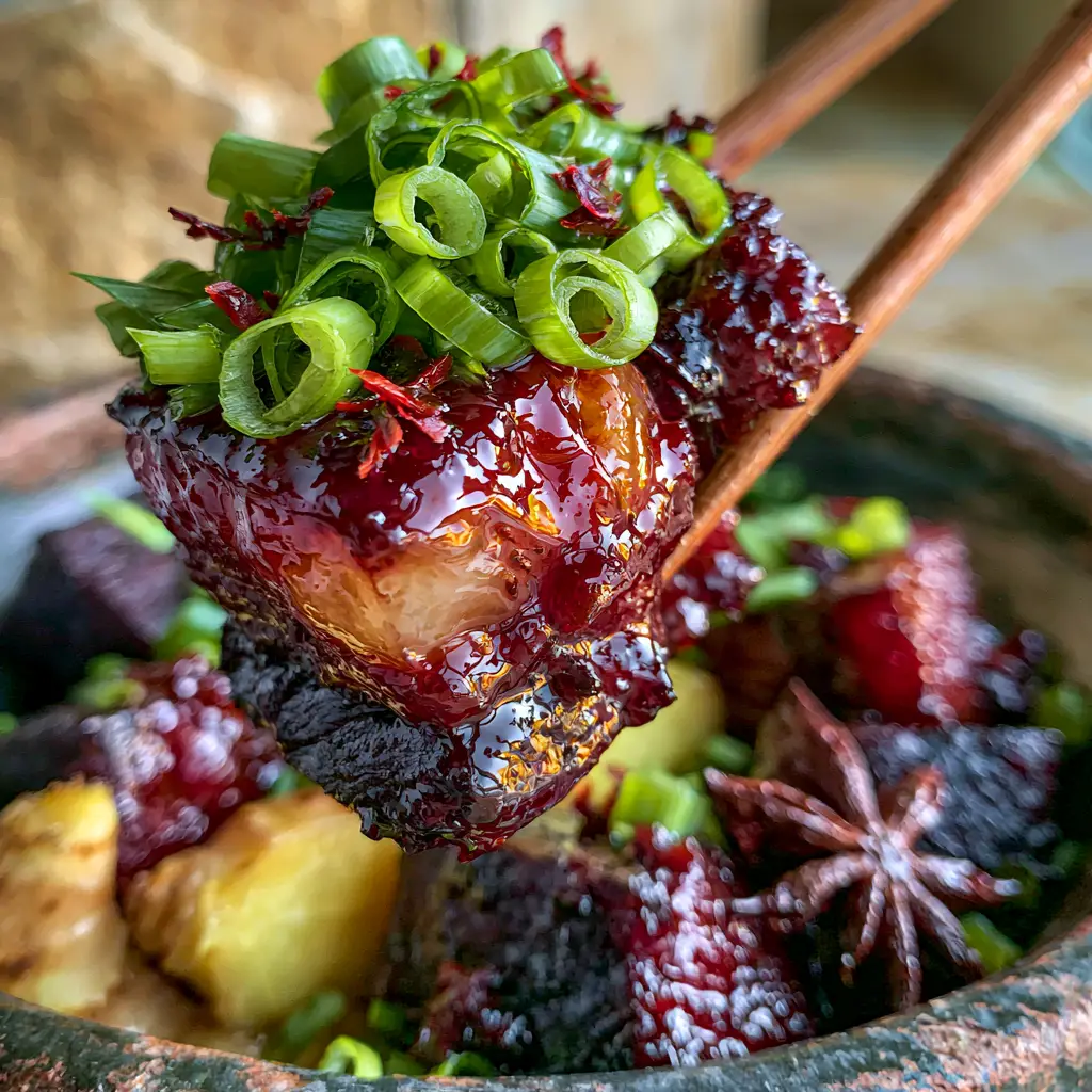 Instant Pot Chinese Braised Pork: The Ultimate Melt-in-Your-Mouth Guide 2 Extreme close-up of thick cubes of Instant Pot Chinese Braised Pork with translucent rendered fat and bright green scallions.