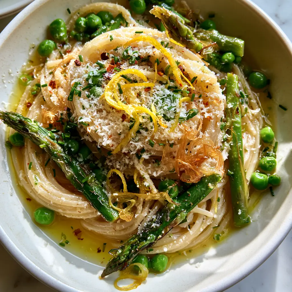 Spring Recipes: Lemon Butter Spaghetti with Charred Asparagus 2 Close-up of al dente spaghetti in a glistening lemon sauce with golden garlic and charred asparagus tips, a staple of spring recipes.