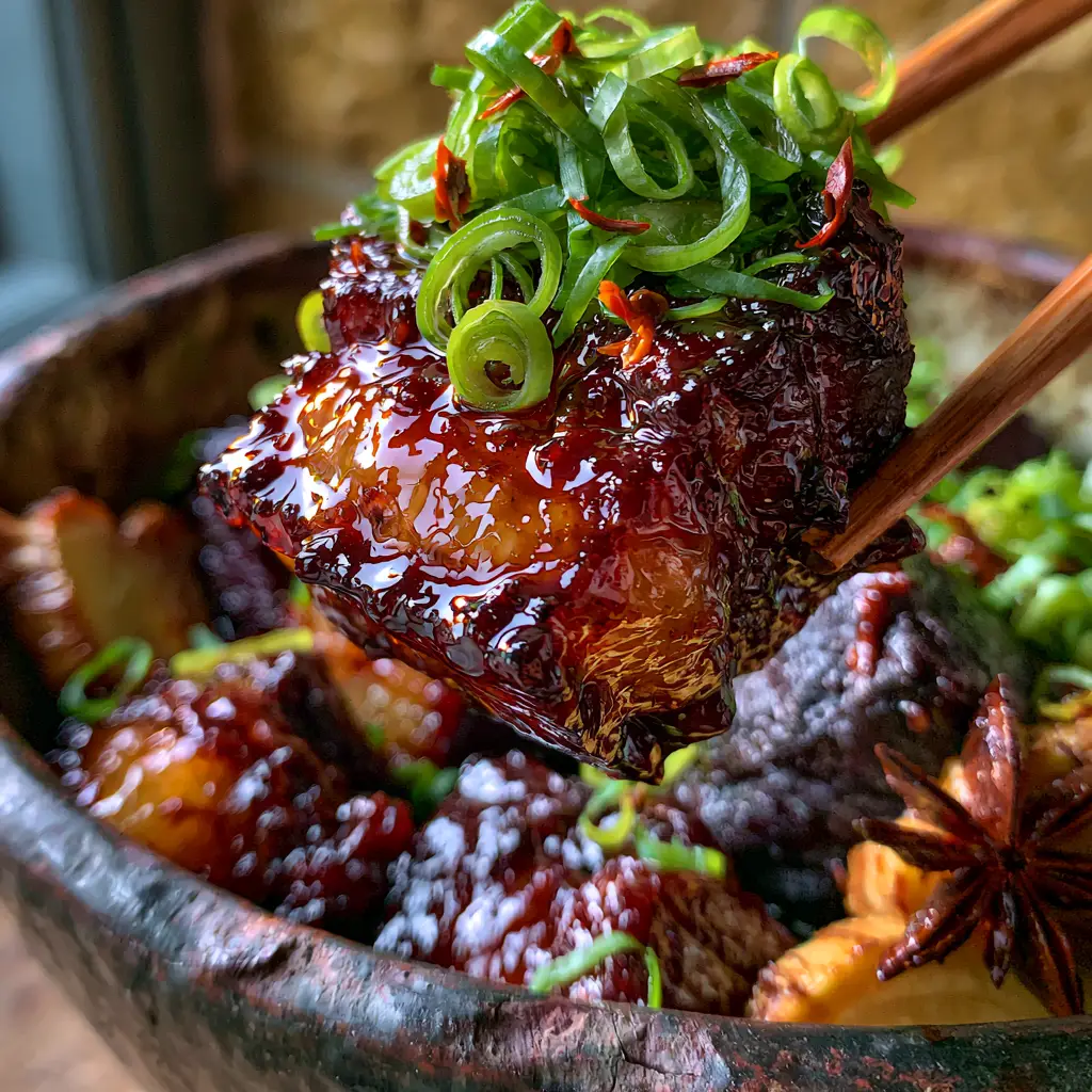 Instant Pot Chinese Braised Pork: The Ultimate Melt-in-Your-Mouth Guide 1 A rustic bowl of Instant Pot Chinese Braised Pork garnished with red chili slivers and whole star anise against a warm stone background.