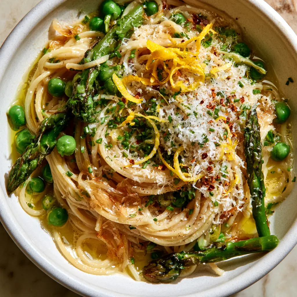 Spring Recipes: Lemon Butter Spaghetti with Charred Asparagus 1 A shallow ceramic bowl of pasta topped with a heavy dusting of micro-planed parmesan and lemon zest curls, highlighting fresh spring recipes.