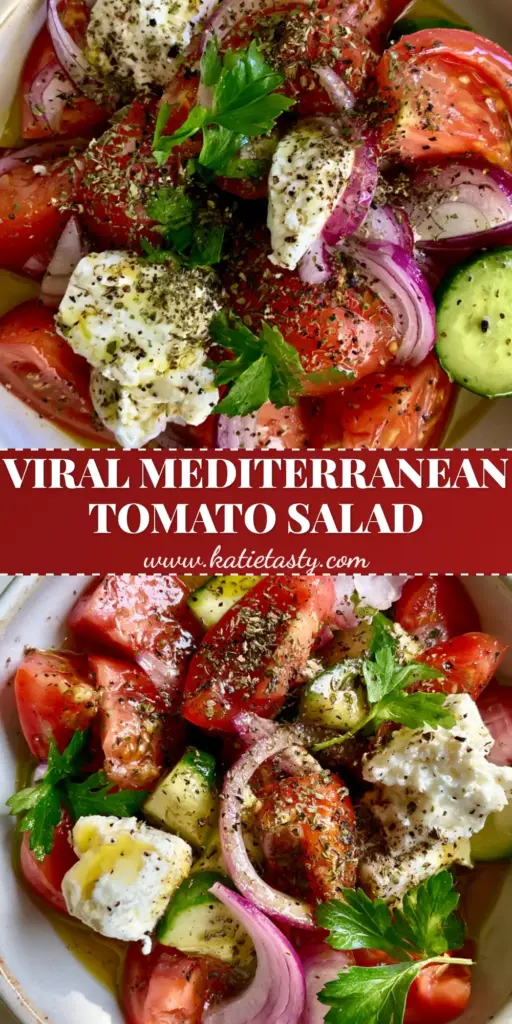 Tomato Salad with Persian Cucumbers and Creamy Feta 3 A top-down view of a vibrant tomato salad in a white bowl featuring chunky tomatoes, thick cucumber slices, and large feta crumbles.