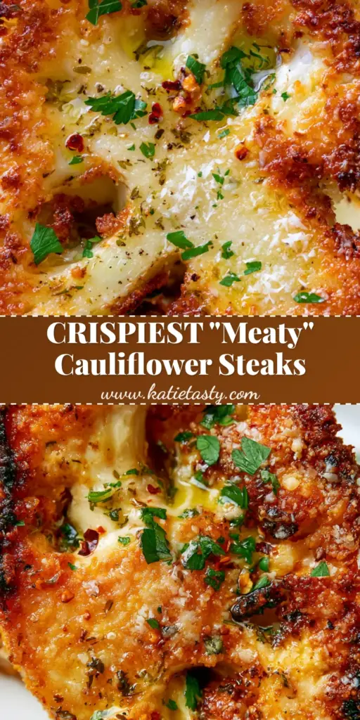Baked Cauliflower Steaks with Crispy Parmesan Crust and Garlic Infusion 4 A thick-cut Baked Cauliflower Steak with a crispy golden-brown parmesan crust and charred edges on a clean kitchen counter.