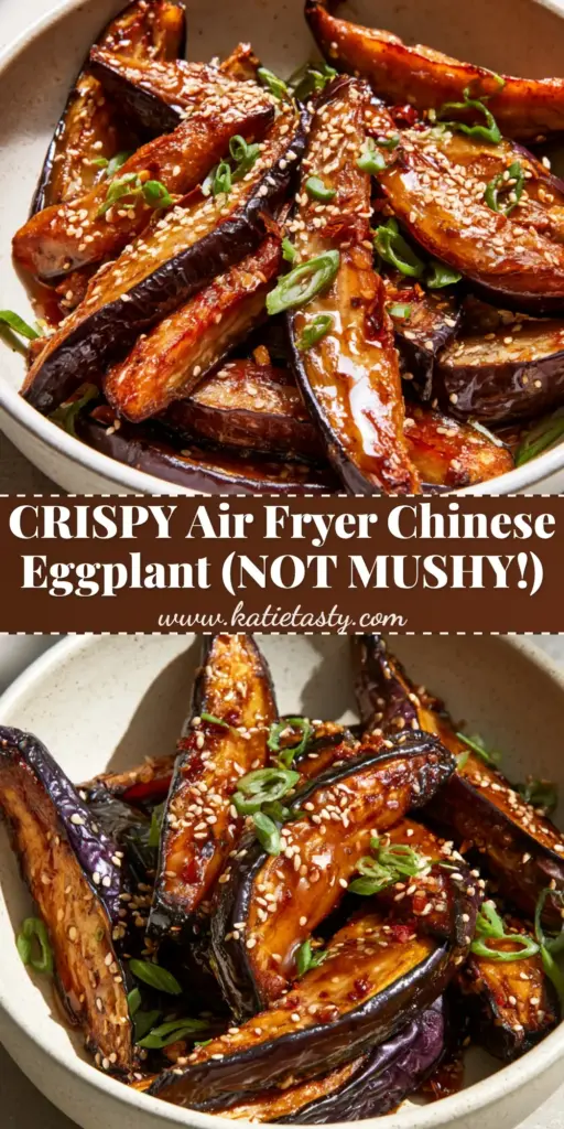 Air Fryer Chinese Eggplant with Crispy Garlic Sauce 4 A Pinterest-style vertical photo of Crispy Air Fryer Chinese Eggplant wedges with blistered purple skin, toasted sesame seeds, and scallions in a glossy garlic sauce.