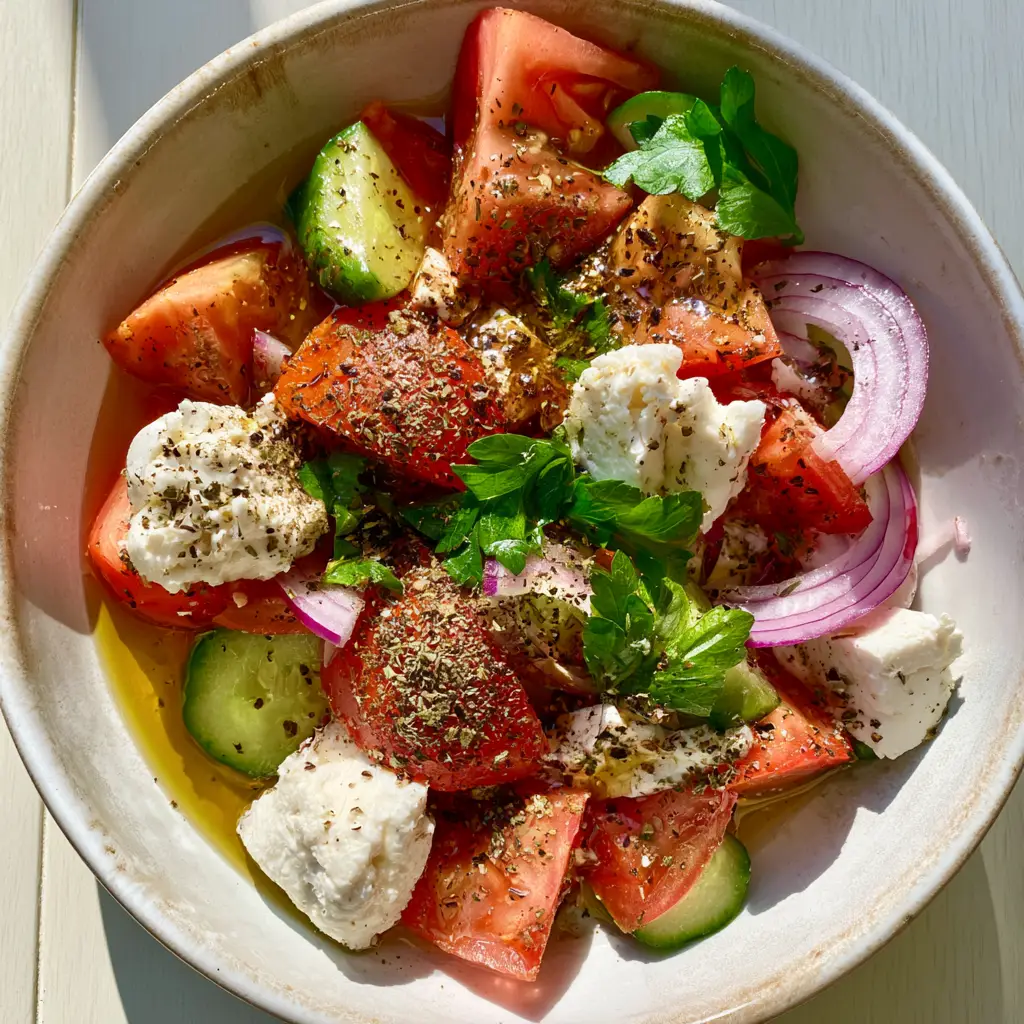 Overhead shot of a rustic ceramic bowl filled with tomato salad, glazed in golden olive oil. (tomato salad)