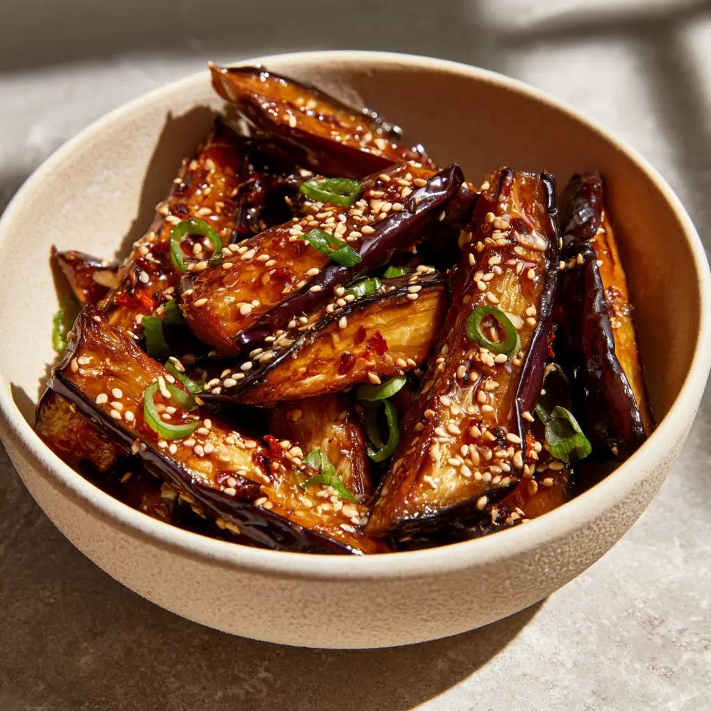 Air Fryer Chinese Eggplant with Crispy Garlic Sauce 2 Close up angled shot of Air Fryer Chinese Eggplant in a cream ceramic bowl featuring golden charred edges and glossy sauce.