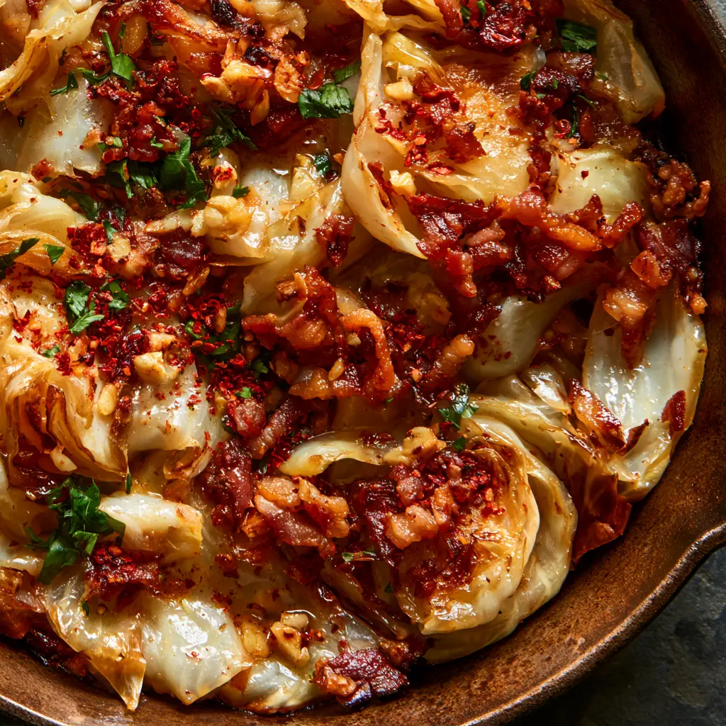 Pan Fried Cabbage with Crispy Bacon and Garlic Butter 2 Sizzling pan fried cabbage ribbons with deep golden-brown caramelization and glistening garlic butter glaze.