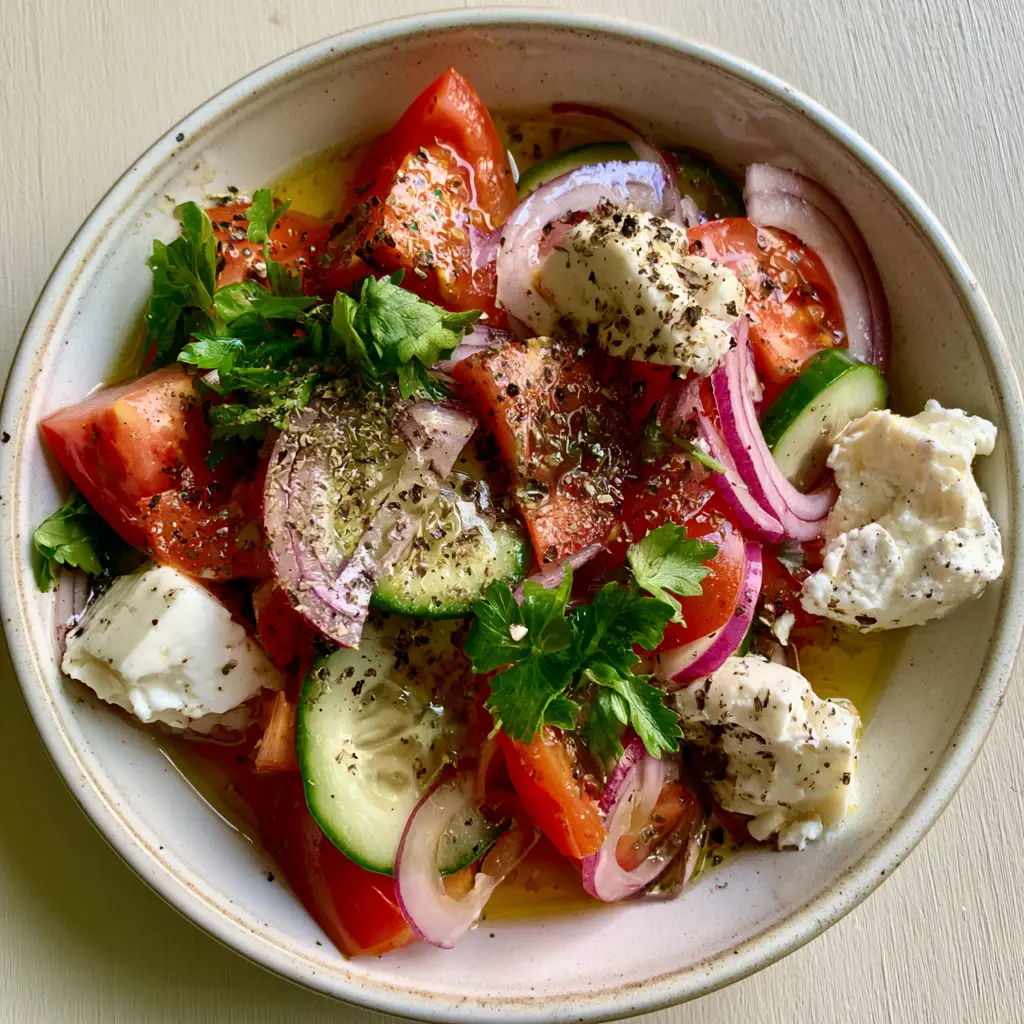 Tomato Salad with Persian Cucumbers and Creamy Feta 1 Close up of creamy white chunks of authentic feta cheese and shaved red onions in a tomato salad.