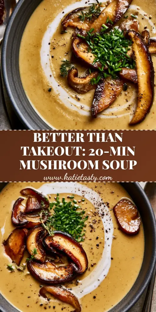 A close-up of shiitake mushroom soup in a matte charcoal bowl featuring caramelized mushroom slices and a coconut cream swirl. (shiitake mushroom soup)