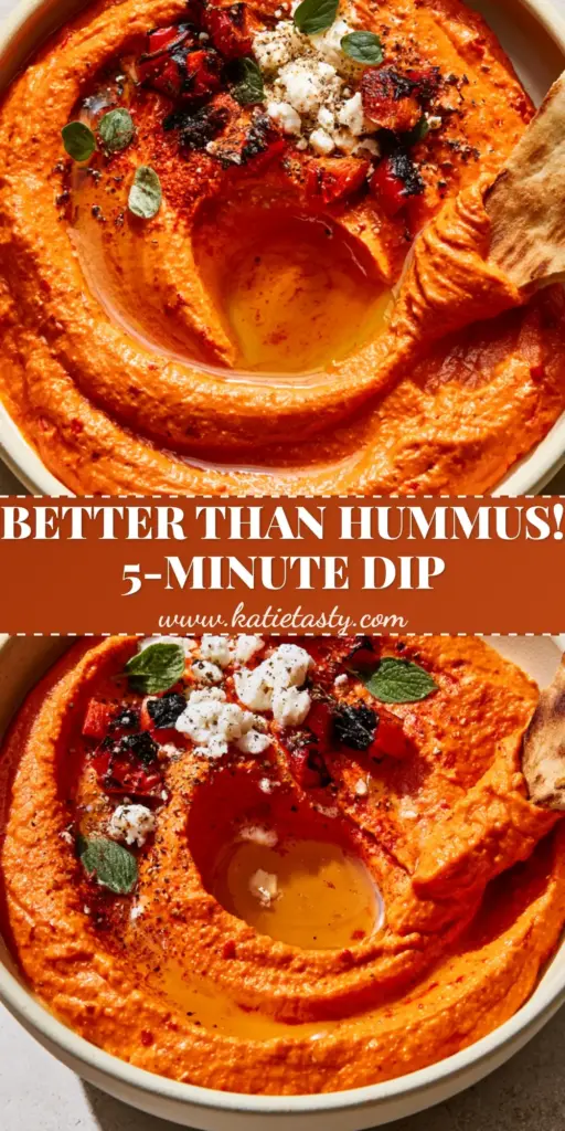 Red Pepper Feta Dip (Whipped Htipiti Style) 3 A shallow matte-cream bowl of vibrant sunset-orange Red Pepper Feta Dip garnished with charred pepper pieces, white feta crumbles, and fresh oregano, featuring a deep olive oil pool and a grilled pita wedge.