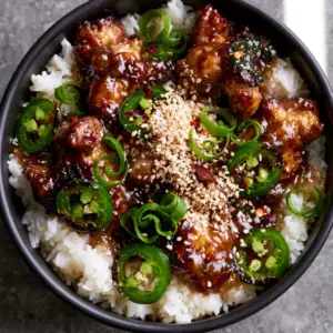 Close-up of Asian Jalapeno Chicken showing the glossy dark brown soy-ginger sauce and vibrant charred jalapenos.
