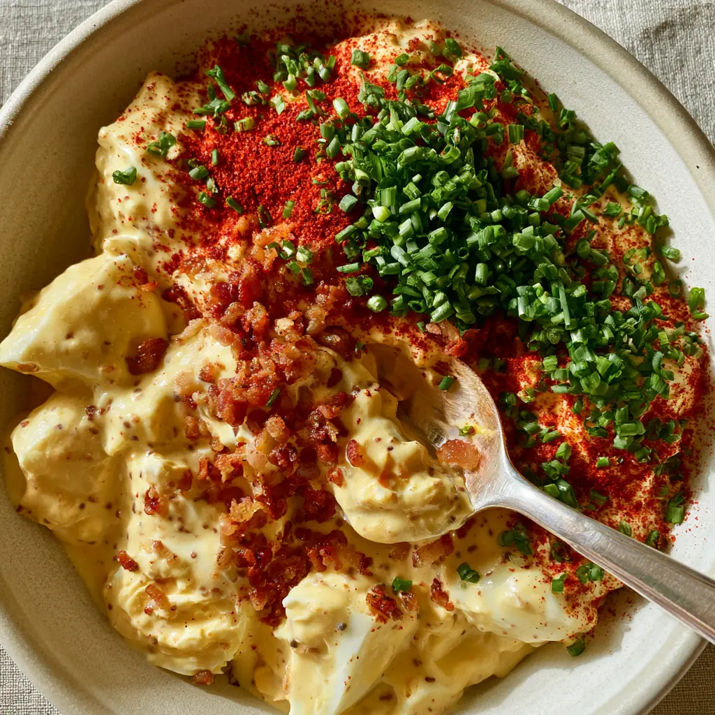 Close-up of deviled egg salad showing large chunks of egg whites and velvety yellow dressing with mustard specks.