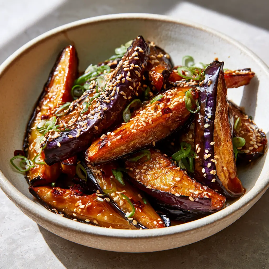 Air Fryer Chinese Eggplant with Crispy Garlic Sauce 1 A top-down view of Air Fryer Chinese Eggplant garnished with sesame seeds and green scallions on a stone surface.
