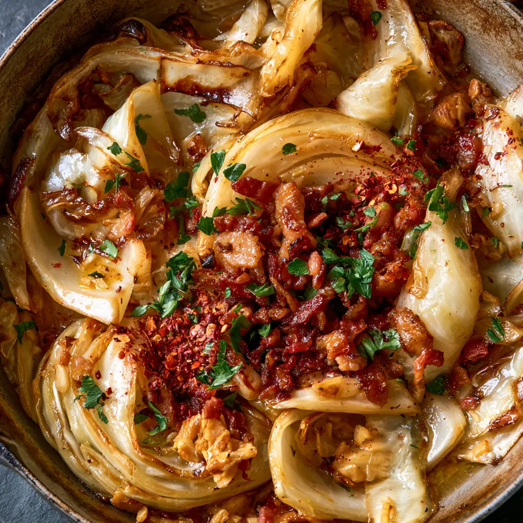 Pan Fried Cabbage with Crispy Bacon and Garlic Butter 1 Close-up of crispy bacon crumbles and red pepper flakes over buttery pan fried cabbage ribbons.