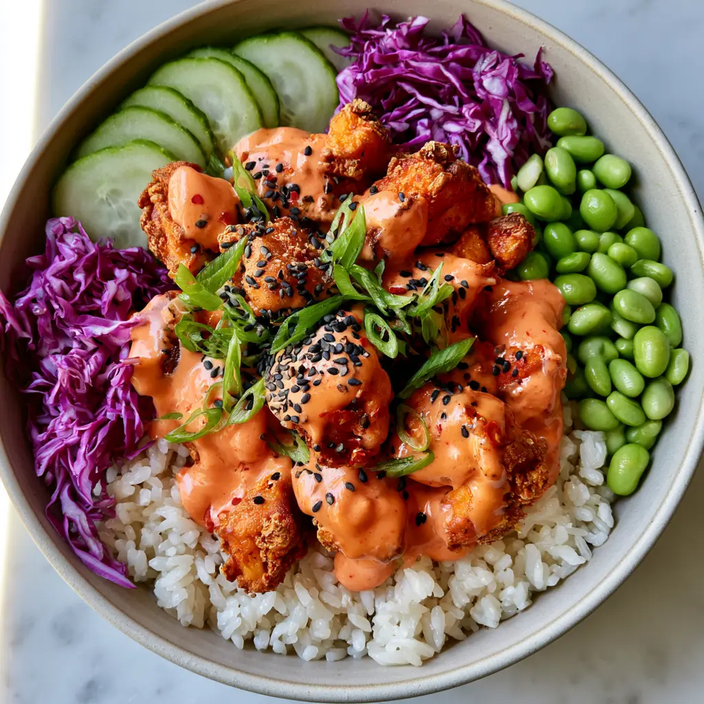 Close up of individual sections of cucumbers, edamame, and cabbage in a Bang Bang Chicken Bowl.