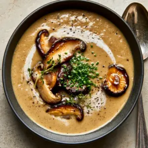 Top-down view of velvety golden-brown shiitake mushroom soup with fresh herbs and steam. (shiitake mushroom soup)