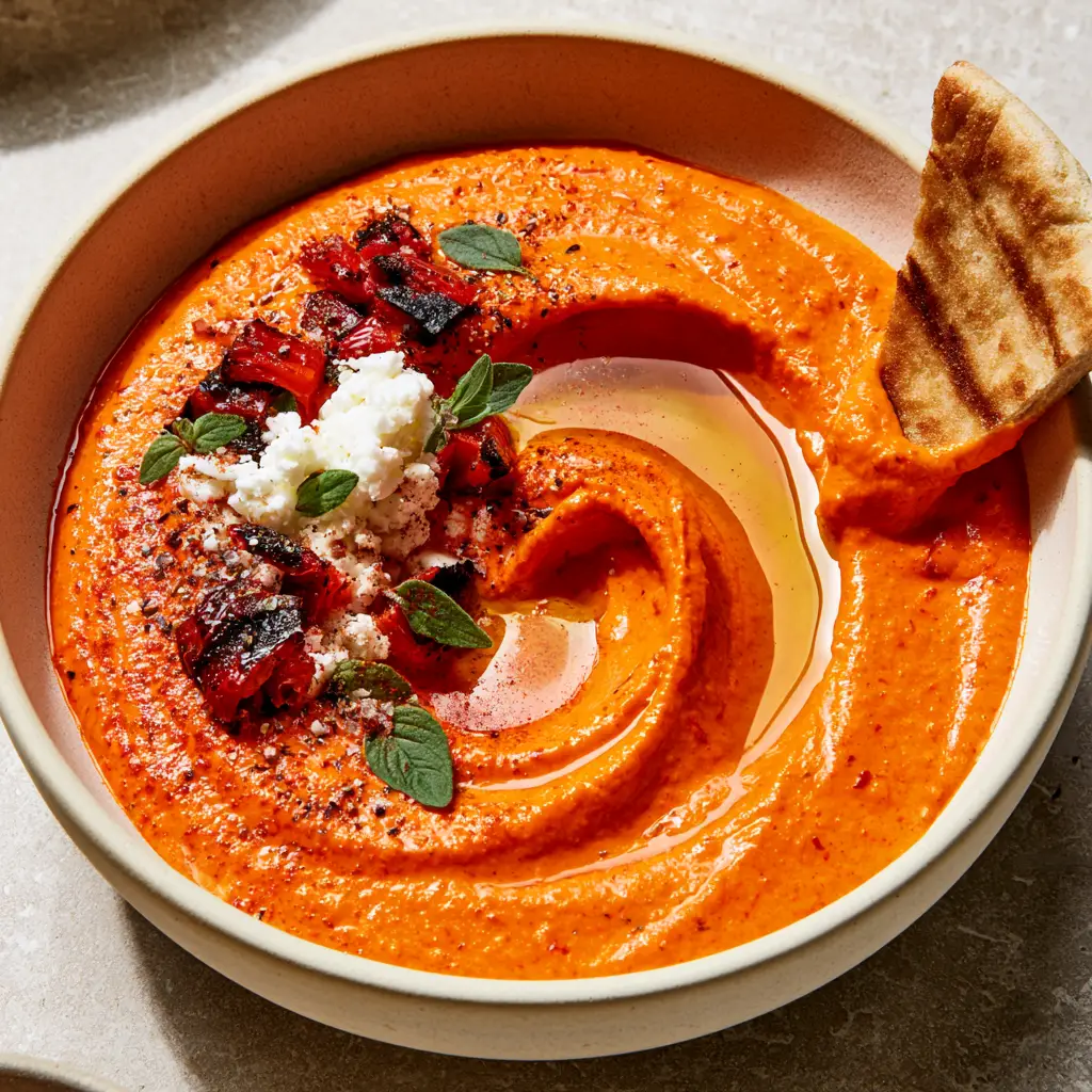 Red Pepper Feta Dip (Whipped Htipiti Style) 2 Close-up high-angle shot of creamy Red Pepper Feta Dip with visible flecks of pepper skin and a glossy finish.