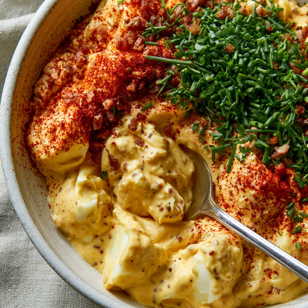 Rustic ceramic bowl filled with deviled egg salad garnished with crimson smoked paprika and fresh chives.