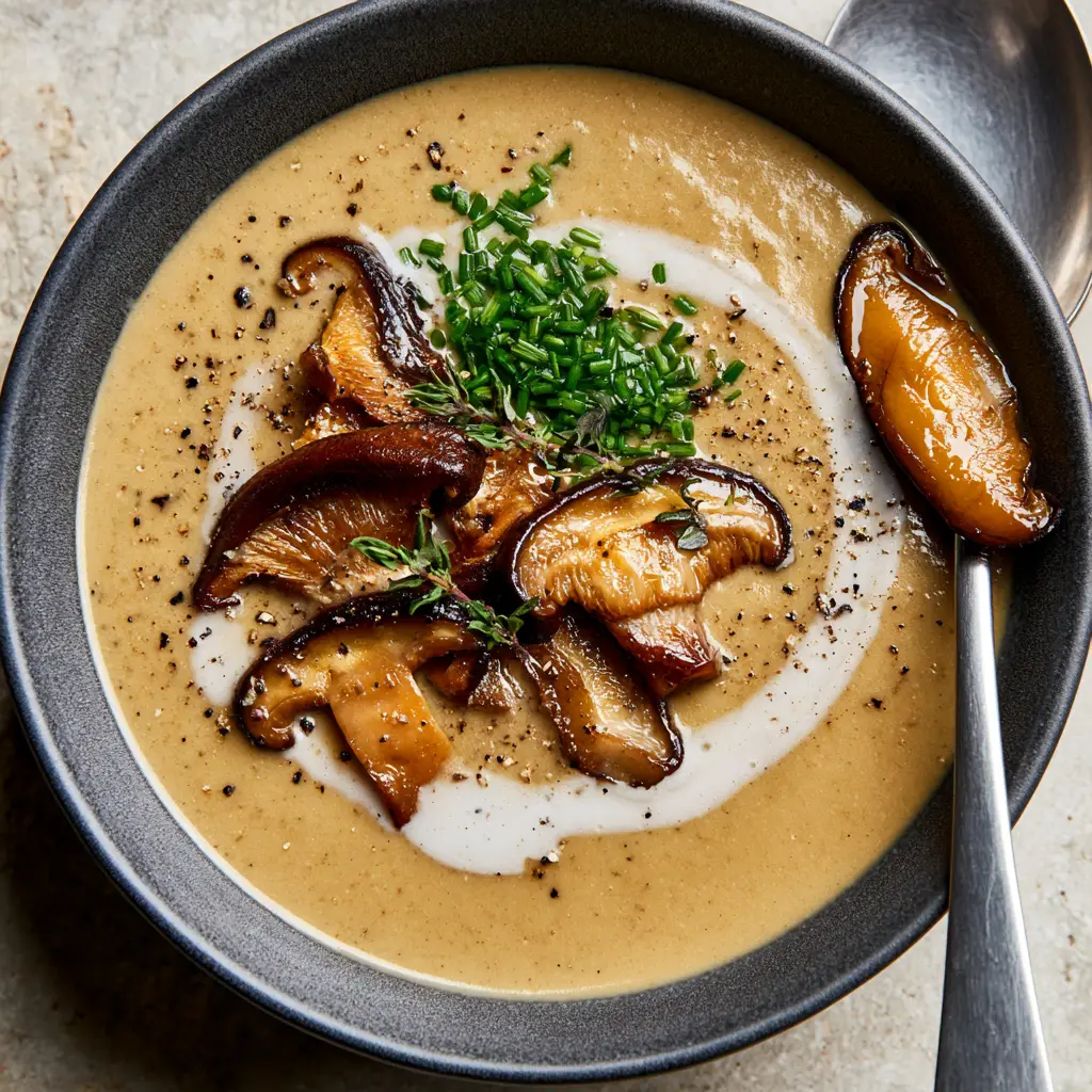 A silver spoon holding a seared caramelized shiitake mushroom over a bowl of creamy soup.